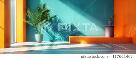 Minimalist bright interior with vibrant colors and potted plants perfect for modern design 117661462