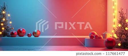 Minimalist Christmas scene with red and blue lighting and holiday decorations 117661477