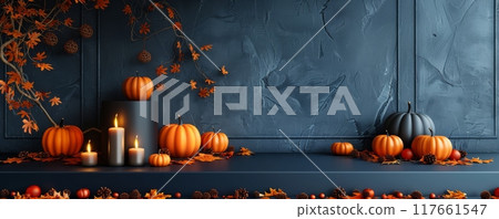 Minimalist autumn decoration with pumpkins, candles, and autumn leaves on a dark background 117661547