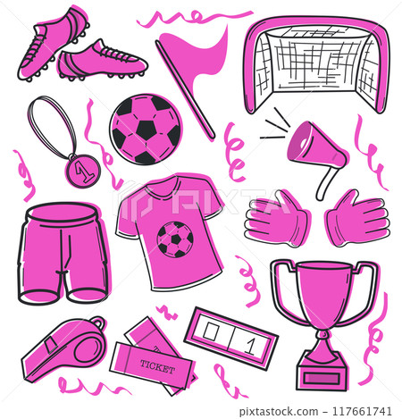 Pink Doodle set with football items. T-shirt, shorts, gate, boots, ball, flag, cup, whistle flat cartoon vector illustration isolated on white background. Soccer or football game players collection. Pink Doodle set with football items. T-shirt, shorts, gate, boots, ball, flag, cup, whistle flat cartoon vector illustration isolated on white background. Soccer or football game players collection. 117661741