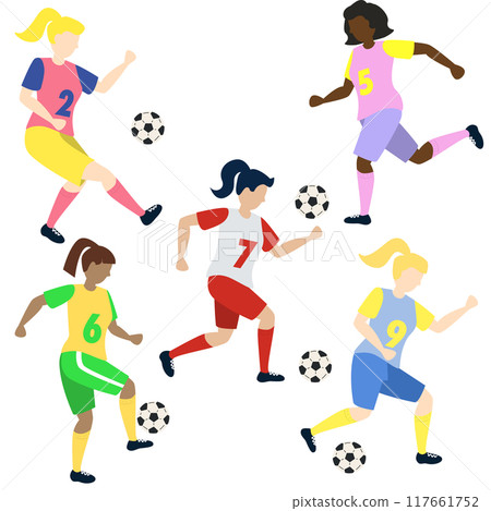 Soccer girls players kicking ball characters set, flat cartoon vector illustration isolated on white background. Soccer or football game players collection. 117661752