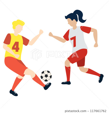 Soccer players kicking ball characters boy and girl, flat cartoon vector illustration isolated on white background. Soccer or football game players collection. 117661762