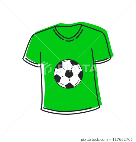 Cute hand-drawn of sport soccer green t-shirts in doodle cartoon style with ball. Composition in neutral candy colors. Kawaii element for card, social media banner, sticker, kids playroom decor 117661765