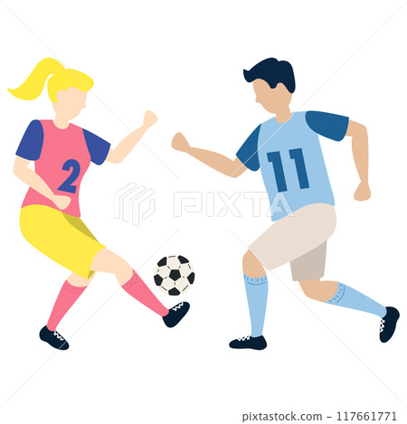 Soccer players kicking ball characters girl and boy, flat cartoon vector illustration isolated on white background. Soccer or football game players collection. Soccer players kicking ball characters girl and boy, flat cartoon vector illustration isolated on white background. Soccer or football game players collection. 117661771