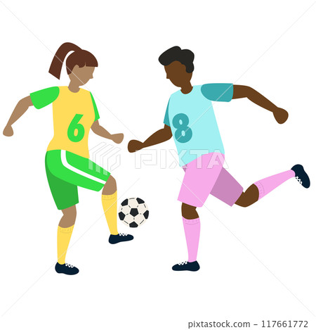 Soccer players kicking ball character girl and black boy, flat cartoon vector illustration isolated on white background. Soccer or football game players collection. 117661772