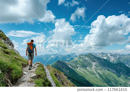 mountain hiking on a bright summer day, scenic views, clear skies, no hands visible, adventurous and refreshing atmosphere 117661810