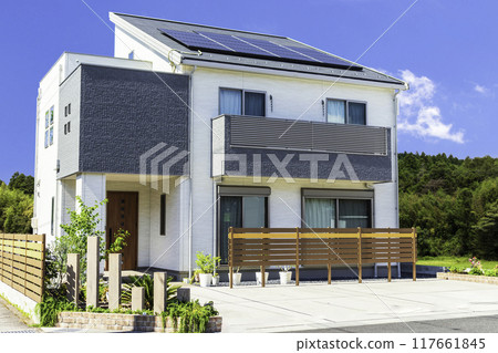 Eco-friendly house with solar panels and balcony 117661845