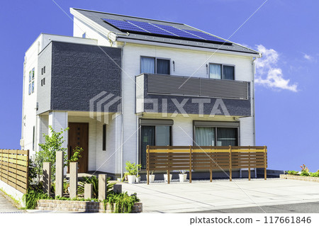 Eco-friendly house with solar panels and balcony 117661846