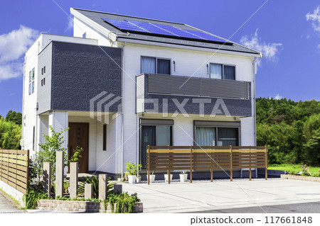 帶太陽能電池板和陽台的生態住宅_反射版 117661848