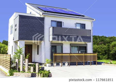 Eco-friendly house with solar panels and balcony - Reflected version 117661851