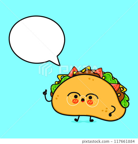 Taco with speech bubble. Vector hand drawn cartoon kawaii character illustration icon. Isolated on blue background. Taco character concept 117661884