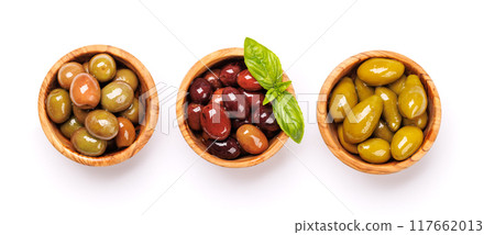 An assortment of various olives presented in a bowl, showcasing different colors, textures, and flavors An assortment of various olives presented in a bowl, showcasing different colors, textures, and flavors 117662013