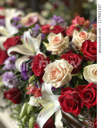A lovely dark wood coffin adorned with roses, lilies, and carnations creates a lush display. Shot up close, the image captures intricate details, enhanced by soft, diffused light for a warm atmosphere 117662387