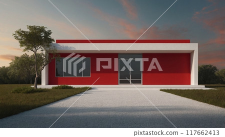 stylish modern house in red and white 117662413
