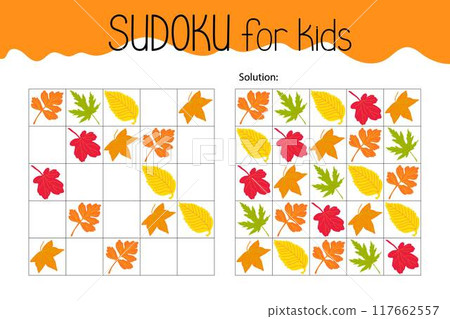 Sudoku autumn leaves educational game, leisure activity worksheet illustration, printable grid to fill in missing images, autumn seasonal topical vocabulary, puzzle with solution, teacher resources 117662557