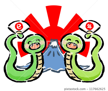 兩條蛇拿著折扇慶祝蛇年,富士和今年的第一個日出,手繪筆觸插圖 兩條蛇拿著折扇慶祝蛇年,富士和今年的第一個日出,手繪筆觸插圖 117662625
