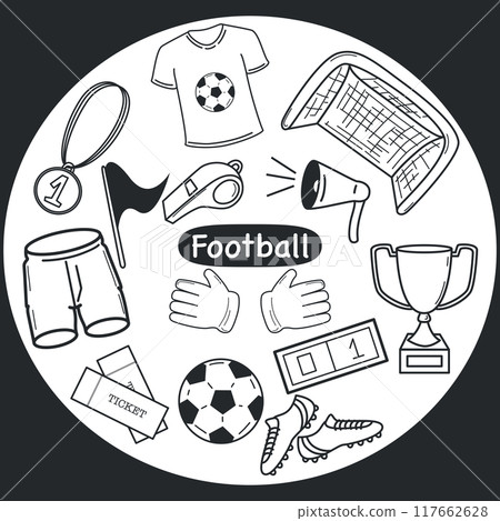 Doodle set with football items. T-shirt, shorts, gate, boots, ball, flag, cup, whistle flat cartoon vector illustration isolated on white background. Soccer or football game players collection. Doodle set with football items. T-shirt, shorts, gate, boots, ball, flag, cup, whistle flat cartoon vector illustration isolated on white background. Soccer or football game players collection. 117662628