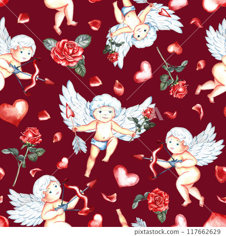 Seamless pattern with cute cupids with bow, arrows and hearts. Little angels. Hand-drawn watercolor illustration. On a dark red background. For Valentine's day and wedding, textile, wrapping paper 117662629