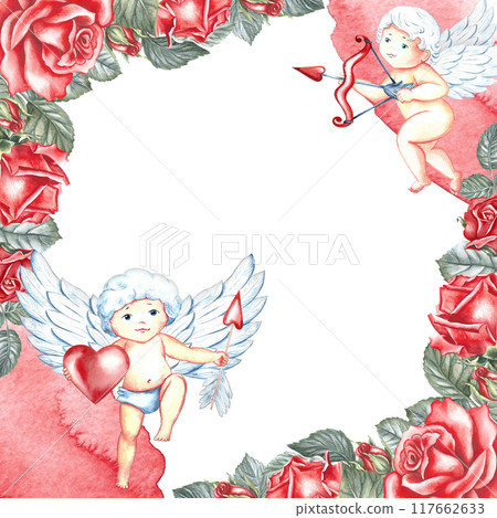 A frame with red roses and cupids. Hand-drawn watercolor illustration. A greeting card for lovers, for Valentine's Day and wedding. It is also suitable for packaging, posters and flyers. A frame with red roses and cupids. Hand-drawn watercolor illustration. A greeting card for lovers, for Valentine's Day and wedding. It is also suitable for packaging, posters and flyers. 117662633