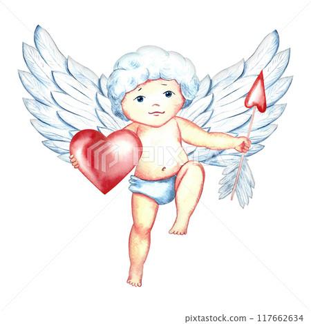 A sweet, charming Cupid with an arrow and a heart. The baby is a Cupid, an angel. A hand-drawn watercolor illustration. A design element for Valentine's Day and wedding. For postcards, printing. 117662634