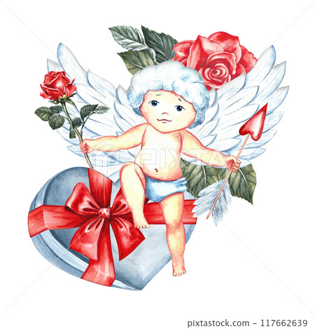 A cute little cupid on a heart-shaped gift box. Handmade watercolor illustration. For lovers, for Valentine's day and weddings. For posters, greeting cards. For printing and stickers. A cute little cupid on a heart-shaped gift box. Handmade watercolor illustration. For lovers, for Valentine's day and weddings. For posters, greeting cards. For printing and stickers. 117662639