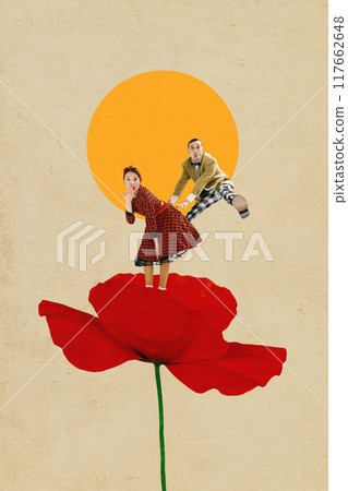 Playful joyful couple dancing atop vibrant red flower under golden sun, blending retro charm with whimsical surrealism. Contemporary art collage. Playful joyful couple dancing atop vibrant red flower under golden sun, blending retro charm with whimsical surrealism. Contemporary art collage. 117662648
