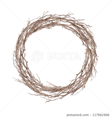Frame with watercolor illustration springtime tree branch without leaves. Brown dry wreath with twig . Isolated on a white background. For print design or eco friendly packaging. Minimalist style 117662806