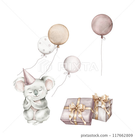 Watercolor koala and balloons and set gifts with bow on isolated background. Hand drawn illustration for greeting cards stack of gift boxes for birthday pastel colors. Australian animal isolated 117662809