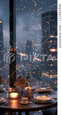 A luxurious dinner table in a pleasant atmosphere. The beautiful scenery makes for a wonderful night. Images like this are often used to post on social media, write blogs or set as wallpaper. 117662848