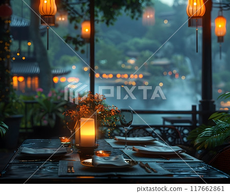 A luxurious dinner table in a pleasant atmosphere. The beautiful scenery makes for a wonderful night. Images like this are often used to post on social media, write blogs or set as wallpaper. 117662861