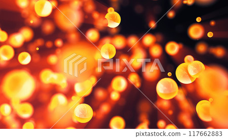Abstract yellow orange glowing background with flying balls circles atoms molecules particles energy bubbles 117662883