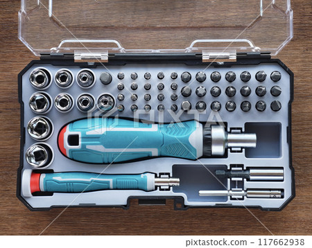 Professional metal screwdriver bit set. Various size and head metal bits for screwdriver boxes for home use and DIY works Professional metal screwdriver bit set. Various size and head metal bits for screwdriver boxes for home use and DIY works 117662938