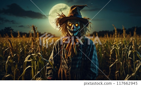scary scarecrow on halloween night 117662945