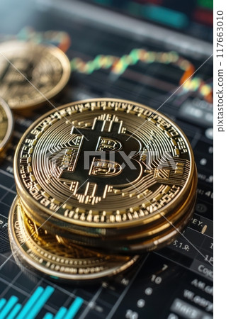 Bitcoin trading session, digital exchange platform, top view, featuring transaction flow, advanced tone, black and white 117663010