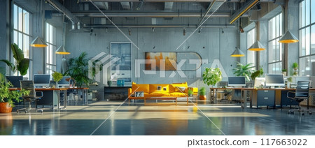 Contemporary factory office space, sleek and functional, front view, showcasing modern work environment, robotic tone, Tetradic color scheme 117663022