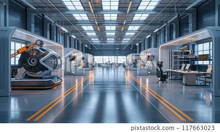 Contemporary factory office space, sleek and functional, front view, showcasing modern work environment, robotic tone, Tetradic color scheme 117663023