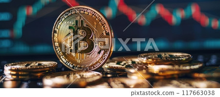 Digital currency discussion, Bitcoin focus, side view, highlighting business strategies, digital tone, Analogous Color Scheme 117663038