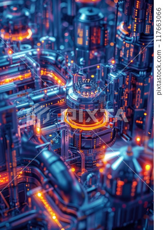 Hightech manufacturing plant, modern equipment, top view, focusing on machinery, cybernetic tone, Triadic Color Scheme 117663066