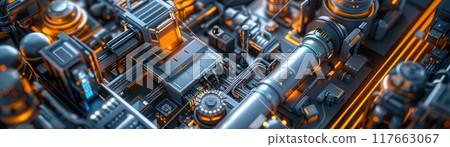 Hightech manufacturing plant, modern equipment, top view, focusing on machinery, cybernetic tone, Triadic Color Scheme 117663067