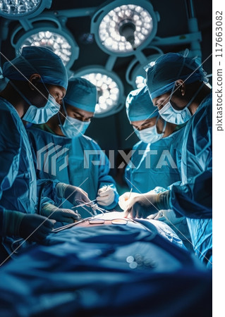 Photorealistic rear view of a surgical procedure in progress 117663082