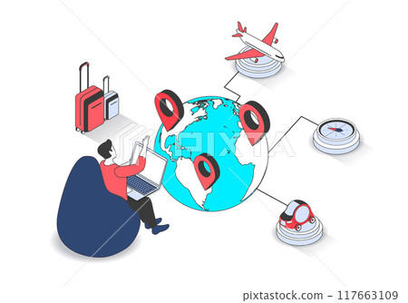 Travel vacation 3d isometric concept with isometry people design for web. Man planning vacation and booking online flight tickets with luggage, planning hiking and rest trip. Vector illustration. Travel vacation 3d isometric concept with isometry people design for web. Man planning vacation and booking online flight tickets with luggage, planning hiking and rest trip. Vector illustration. 117663109