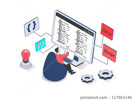 Development 3d isometric concept with isometry people design for web. Man working with programming code at computer screen, creating software products, computing and processing. Vector illustration. Development 3d isometric concept with isometry people design for web. Man working with programming code at computer screen, creating software products, computing and processing. Vector illustration. 117663146