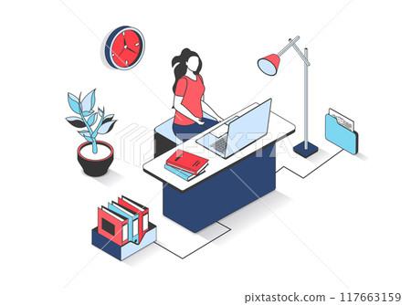 Business office 3d isometric concept with isometry people design for web. Woman working at laptop while sitting at desk, doing paperwork and making routine tasks in workflow. Vector illustration. 117663159