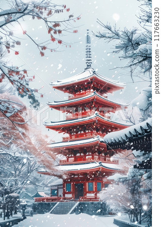 Low-angle perspective of a snow-covered pagoda at Sapporo Snow Festival 117663230