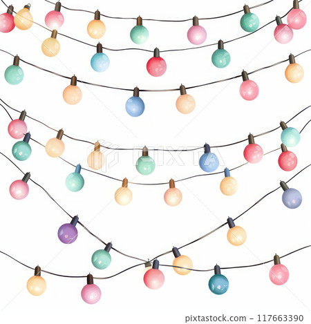 Colorful string lights with pastel bulbs, perfect for festive decorations or adding a touch of whimsy to your designs. Colorful string lights with pastel bulbs, perfect for festive decorations or adding a touch of whimsy to your designs. 117663390