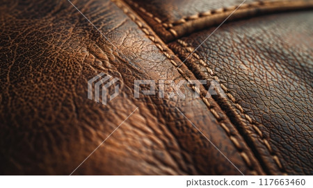 Close-up of brown leather with stitching, showing texture and detail. 117663460