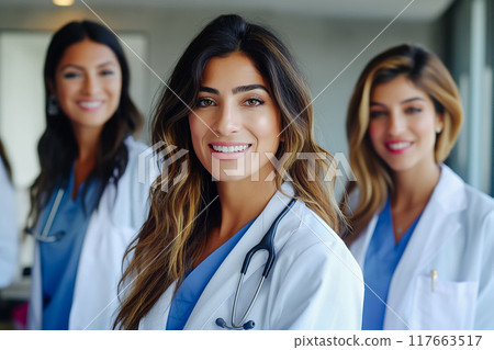 Positive chief doctor woman posing for group portrait with diverse medical professional colleagues 117663517