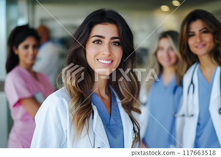 Positive chief doctor woman posing for group portrait with diverse medical professional colleagues Positive chief doctor woman posing for group portrait with diverse medical professional colleagues 117663518