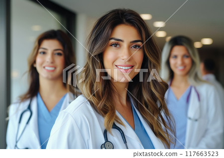 Positive chief doctor woman posing for group portrait with diverse medical professional colleagues 117663523