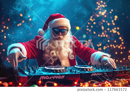 Santa Claus DJ playing music on a turntable at a lively party. The concept blends the joy of holiday celebrations with modern music culture. Generative AI. Santa Claus DJ playing music on a turntable at a lively party. The concept blends the joy of holiday celebrations with modern music culture. Generative AI. 117663572